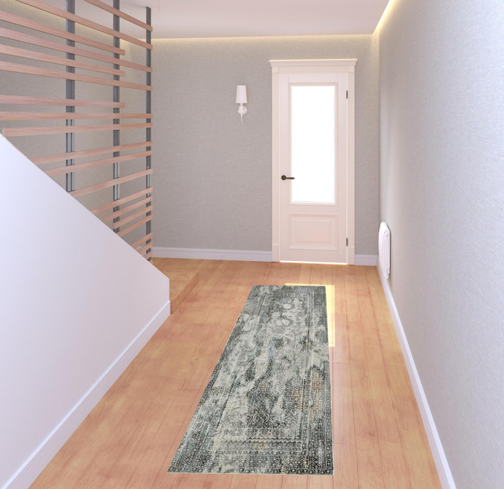 2' x 8' Ivory Grey Charcoal Blue and Rust Oriental Power Loom Stain Resistant Runner Rug
