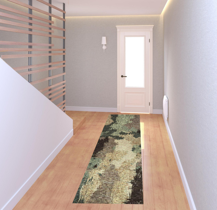 2' x 8' Blue and Brown Abstract Power Loom Stain Resistant Runner Rug