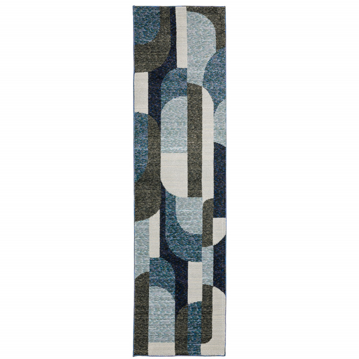 2' x 8' Blue Grey Charcoal and Purple Geometric Power Loom Stain Resistant Runner Rug