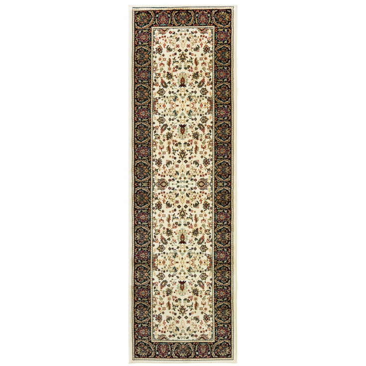 2' x 8' Ivory and Black Oriental Power Loom Stain Resistant Runner Rug