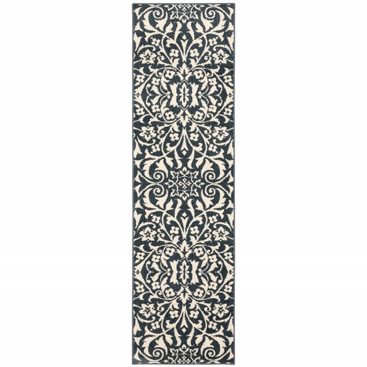 2' x 8' Blue and Ivory Floral Power Loom Stain Resistant Runner Rug