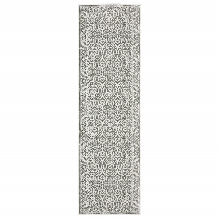2' x 8' Grey and White Floral Power Loom Stain Resistant Runner Rug