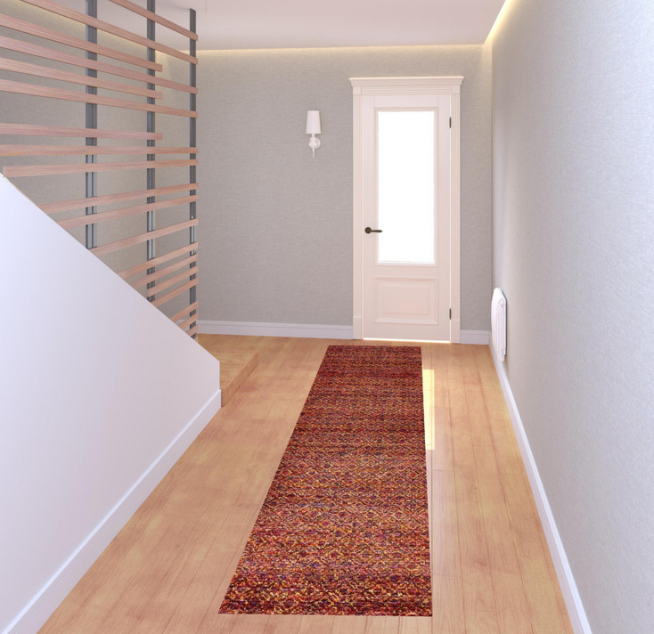 2' x 8' Red Gold and Blue Geometric Power Loom Stain Resistant Runner Rug