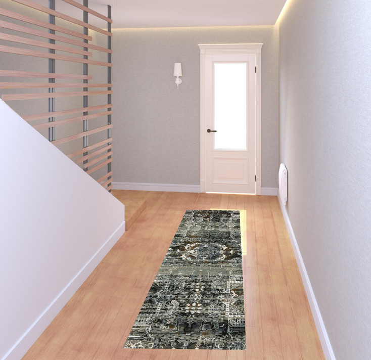 2' x 8' Ivory Charcoal Grey Blue Rust Gold & Brown Oriental Power Loom Runner Rug