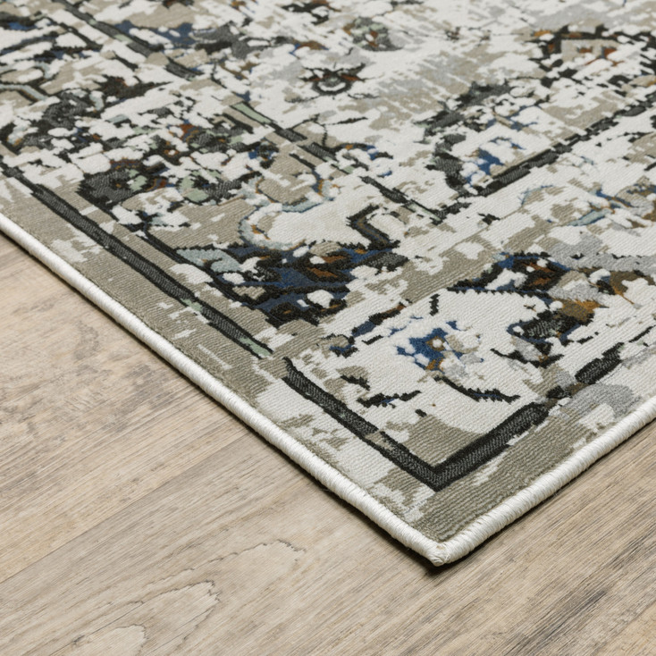 2' x 8' Ivory Charcoal Grey Blue Rust Gold and Brown Oriental Power Loom Runner Rug
