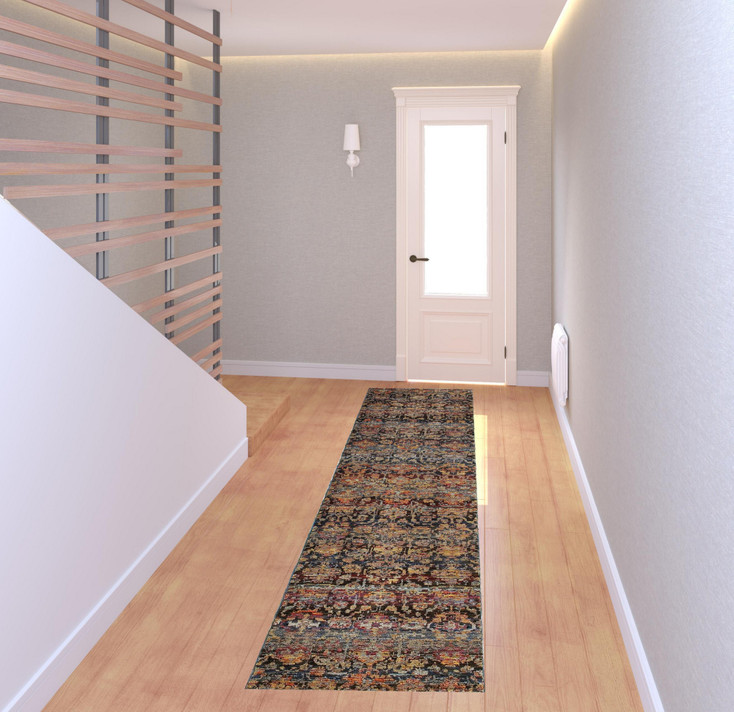 2' x 8' Multi and Blue Abstract Power Loom Stain Resistant Runner Rug