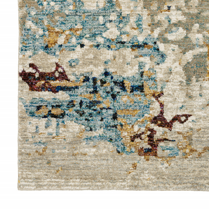 2' x 8' Beige and Blue Abstract Power Loom Stain Resistant Runner Rug