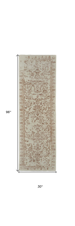 2' x 8' Ivory Tan and Pink Wool Floral Tufted Handmade Distressed Runner Rug