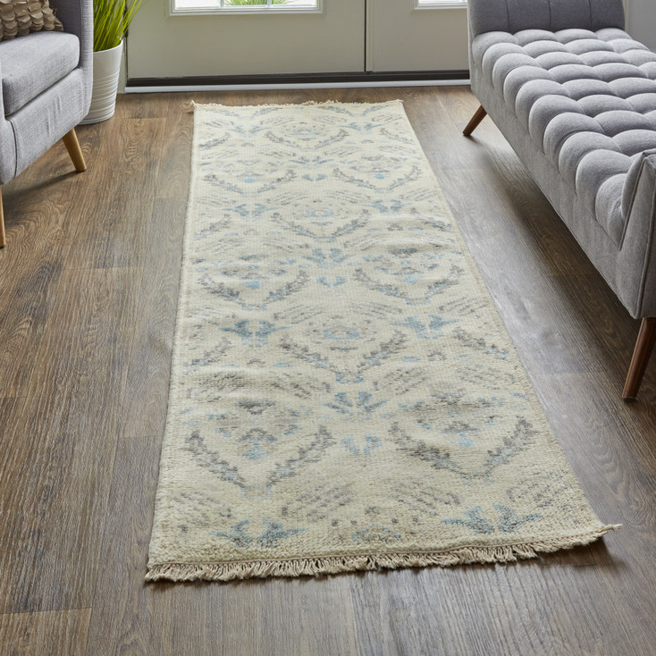 2' x 8' Ivory Gray and Blue Wool Floral Hand Knotted Stain Resistant Runner Rug