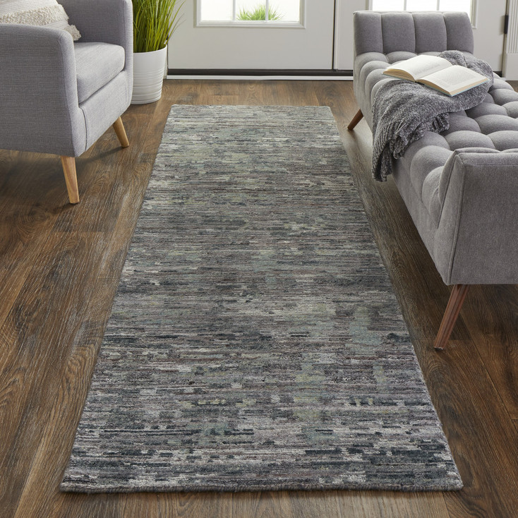 2' x 8' Blue and Gray Wool Abstract Hand Knotted Runner Rug