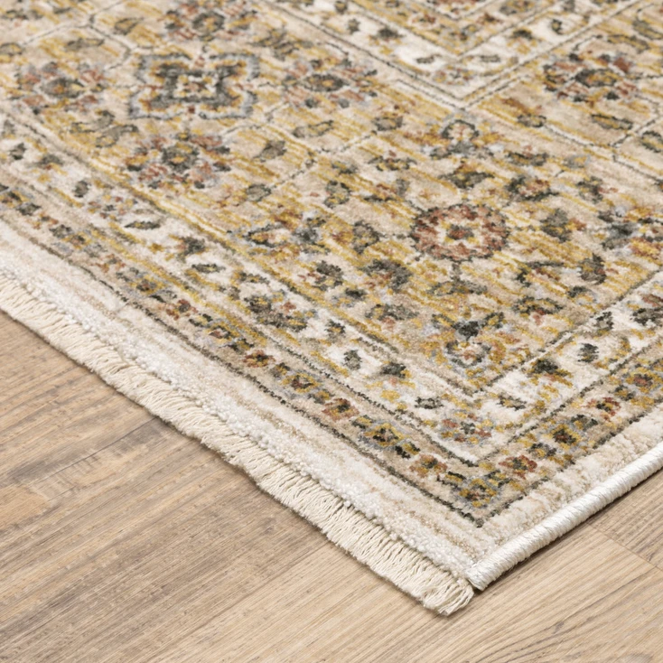 2' x 8' Ivory & Gold Oriental Power Loom Polyester Runner Rug with Fringe