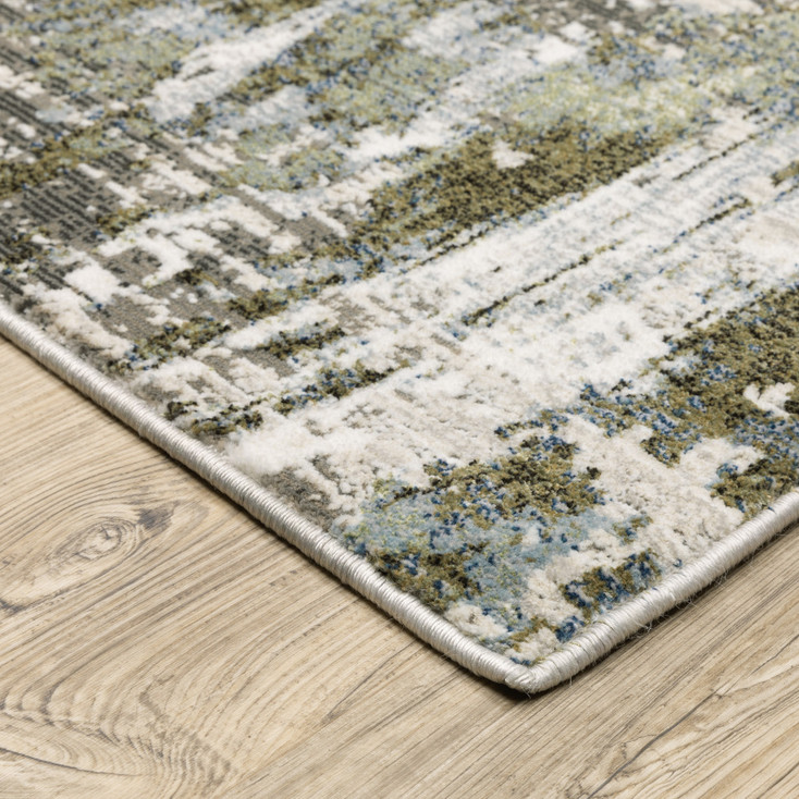 2' x 8' Green Blue Grey Ivory and Brown Abstract Power Loom Runner Rug