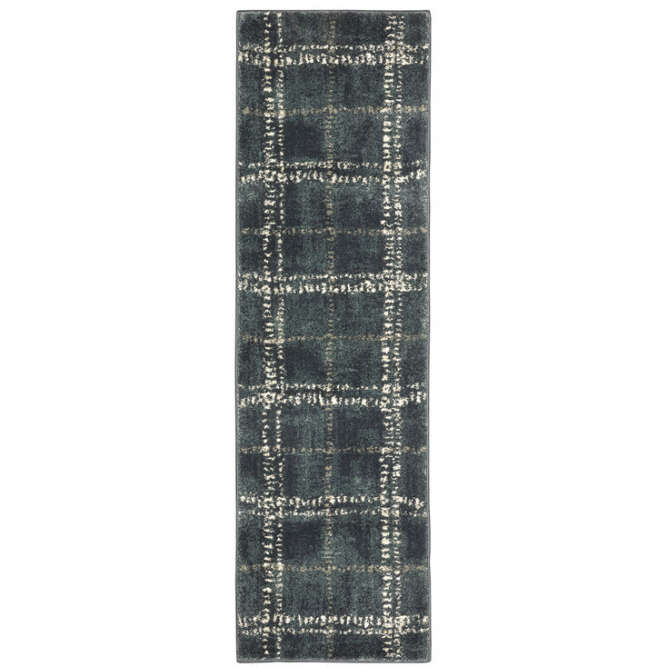 2' x 8' Blue & Ivory Geometric Power Loom Stain Resistant Runner Rug