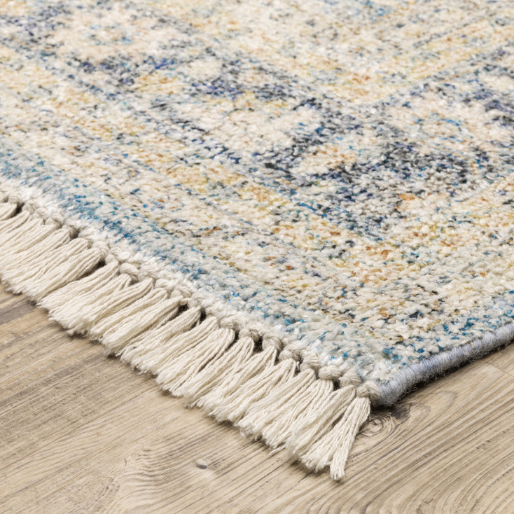 2' x 8' Blue and Beige Oriental Hand Loomed Stain Resistant Runner Rug with Fringe