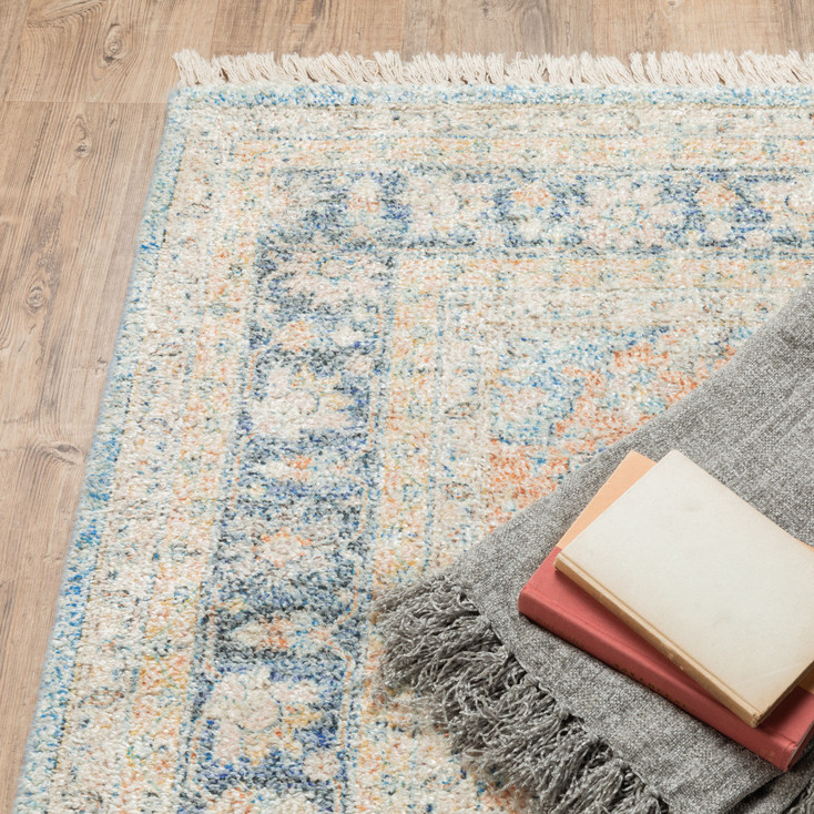 2' x 8' Blue and Beige Oriental Hand Loomed Stain Resistant Runner Rug with Fringe
