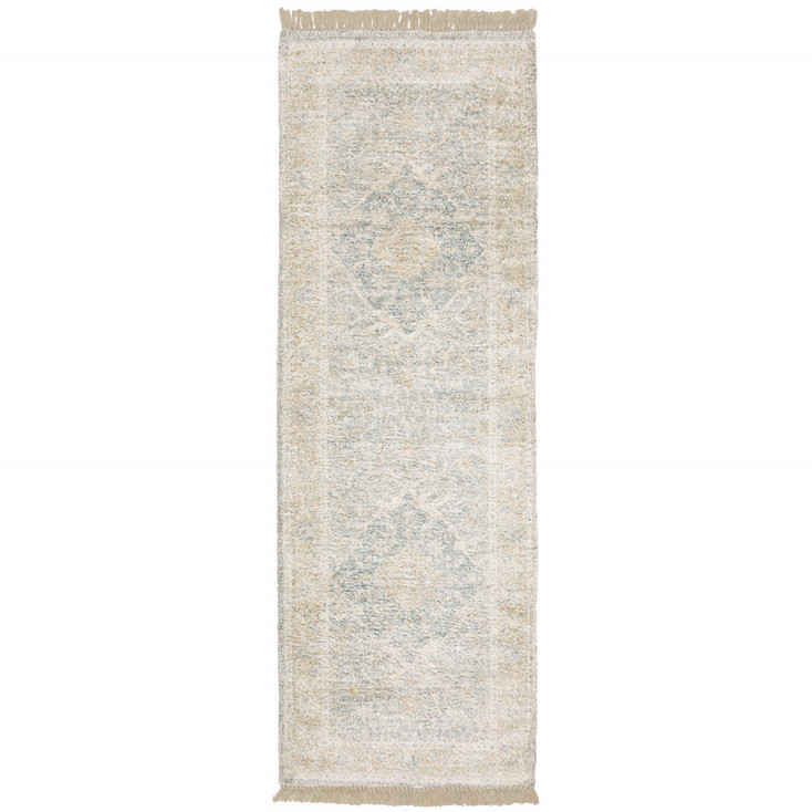 2' x 8' Grey and Beige Oriental Hand Loomed Stain Resistant Runner Rug with Fringe