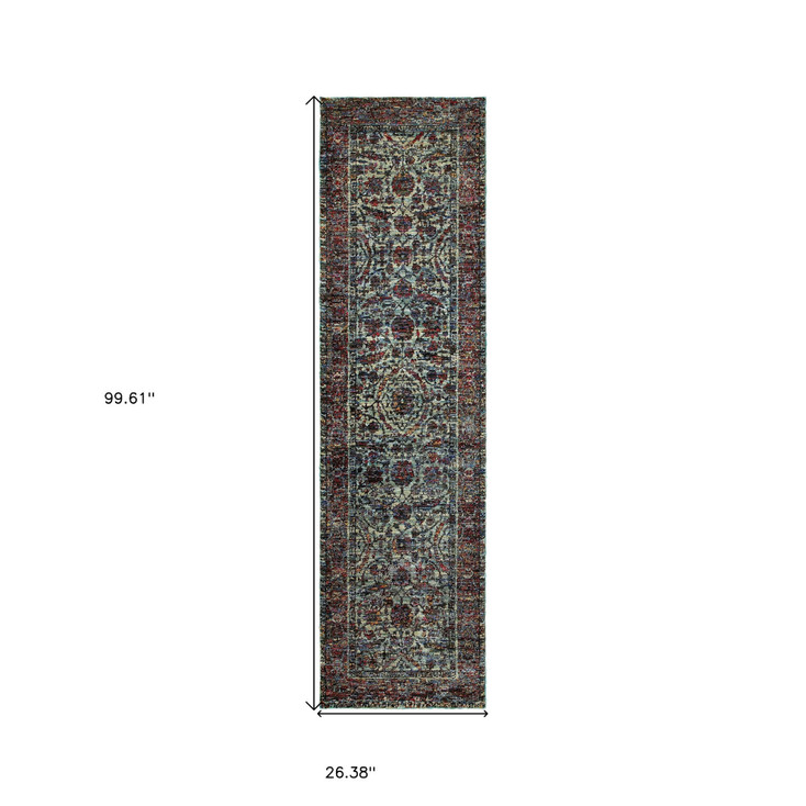2' x 8' Blue and Purple Oriental Power Loom Stain Resistant Runner Rug