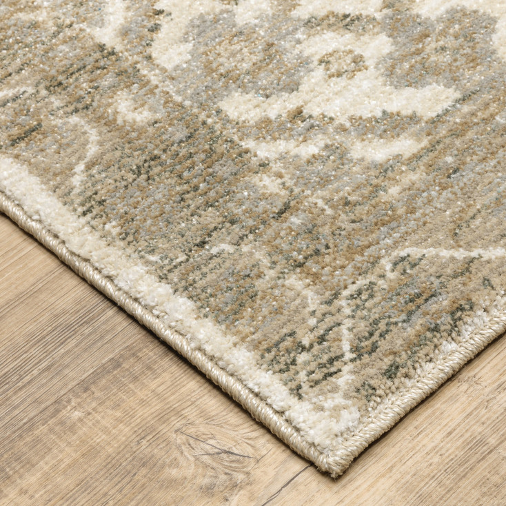 2' x 8' Beige and Ivory Oriental Power Loom Stain Resistant Runner Rug