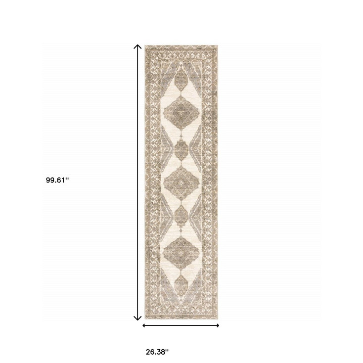 2' x 8' Beige and Ivory Oriental Power Loom Stain Resistant Runner Rug