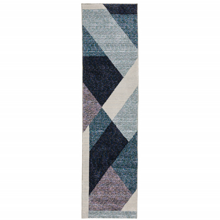 2' x 8' Blue Purple Grey and Teal Geometric Power Loom Runner Rug