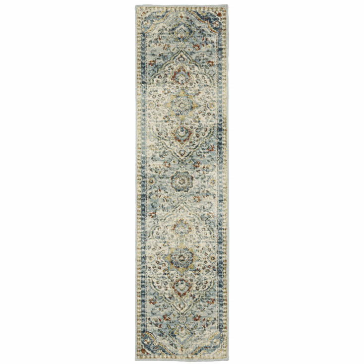 2' x 8' Blue Beige Rust Gold and Teal Oriental Power Loom Stain Resistant Runner Rug