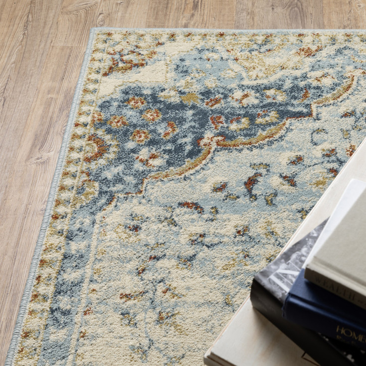 2' x 8' Blue Beige Rust Gold and Teal Oriental Power Loom Stain Resistant Runner Rug