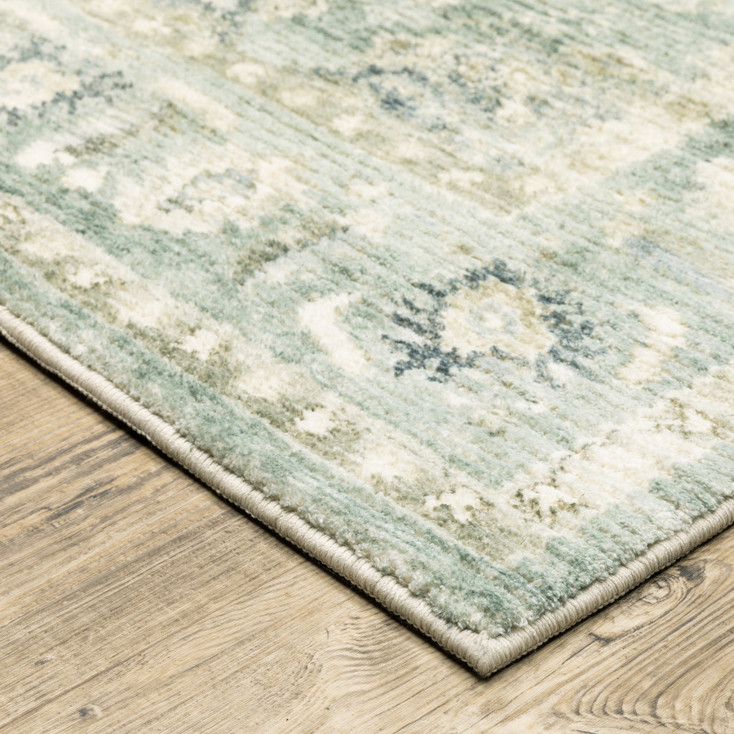 2' x 8' Green and Ivory Oriental Power Loom Stain Resistant Runner Rug