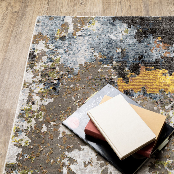 2' x 8' Grey Gold Blue Orange Beige and Brown Abstract Power Loom Runner Rug