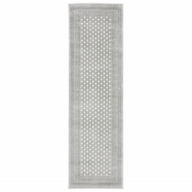 2' x 8' White and Grey Oriental Power Loom Stain Resistant Runner Rug