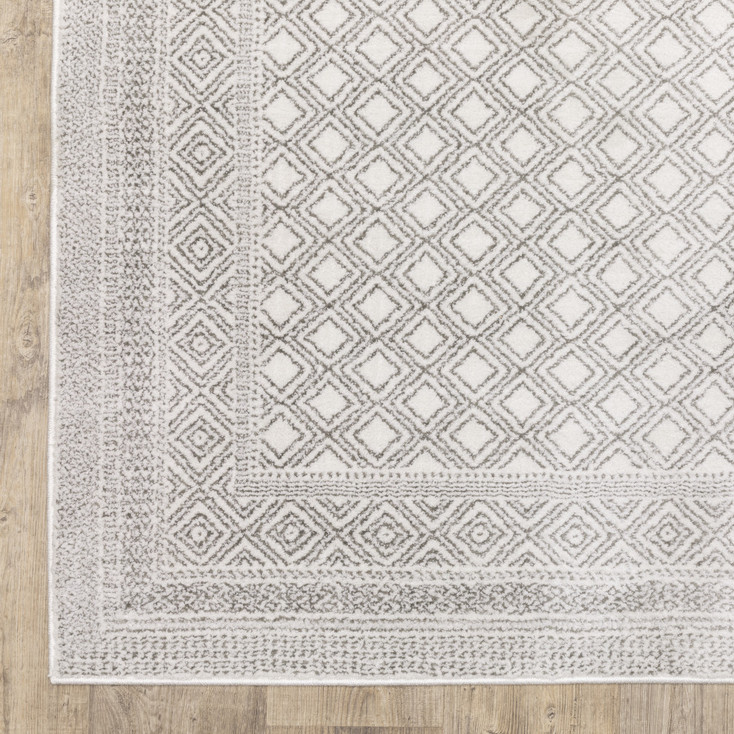 2' x 8' White and Grey Oriental Power Loom Stain Resistant Runner Rug