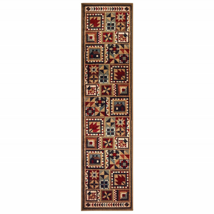 2' x 8' Brown and Red Ikat Patchwork Runner Rug