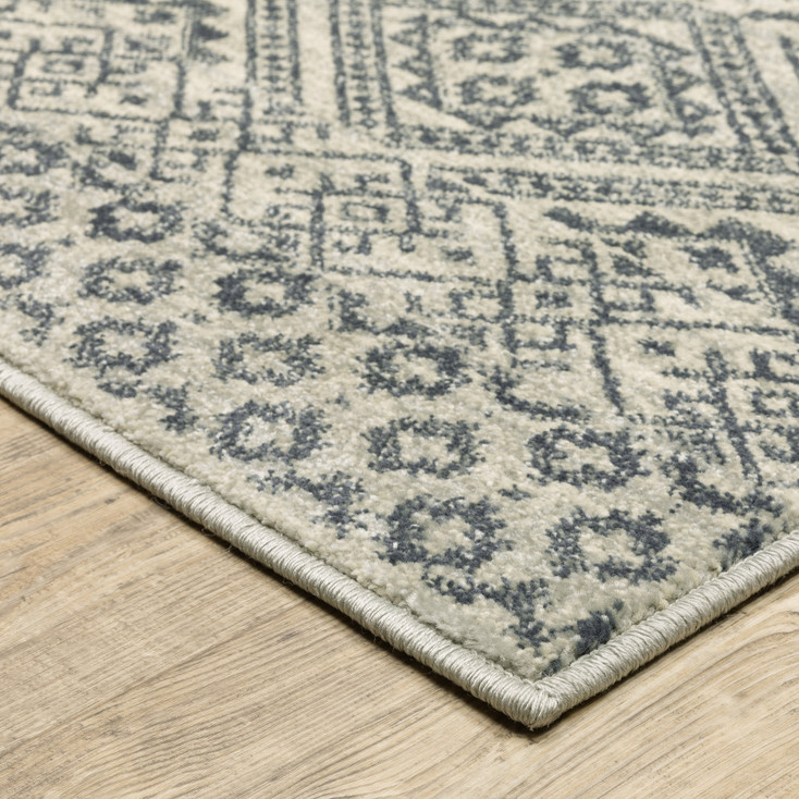 2' x 8' Blue and Beige Geometric Power Loom Stain Resistant Runner Rug