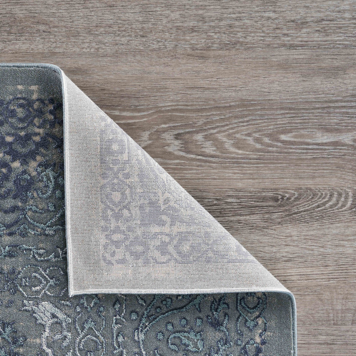 2' x 8' Blue Silver Gray and Cream Damask Distressed Runner Rug