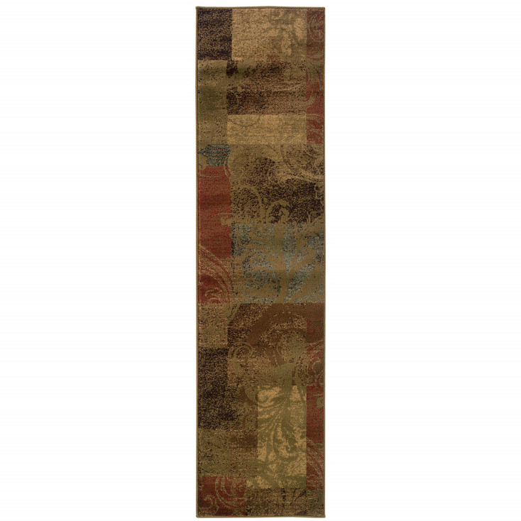 2' x 8' Green Geometric Power Loom Stain Resistant Runner Rug
