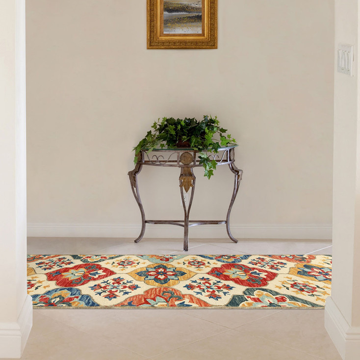 2' x 8' Cream and Rust Wool Geometric Tufted Stain Resistant Runner Rug