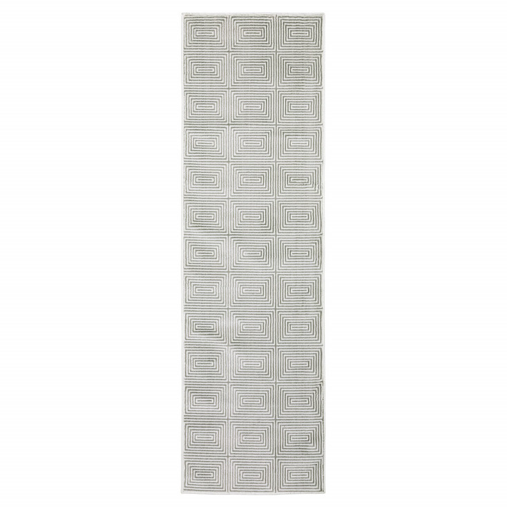 2' x 8' Grey and White Geometric Power Loom Stain Resistant Runner Rug