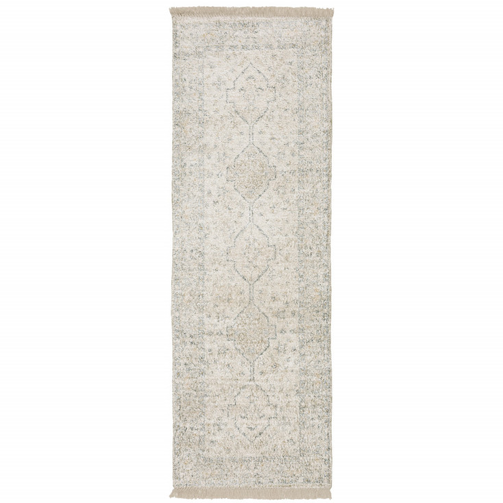 2' x 8' Beige and Charcoal Oriental Hand Loomed Stain Resistant Runner Rug with Fringe