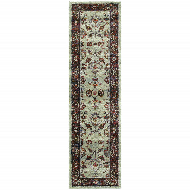 2' x 8' Stone and Red Oriental Power Loom Stain Resistant Runner Rug
