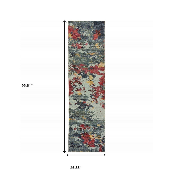 2' x 8' Blue and Red Abstract Power Loom Stain Resistant Runner Rug