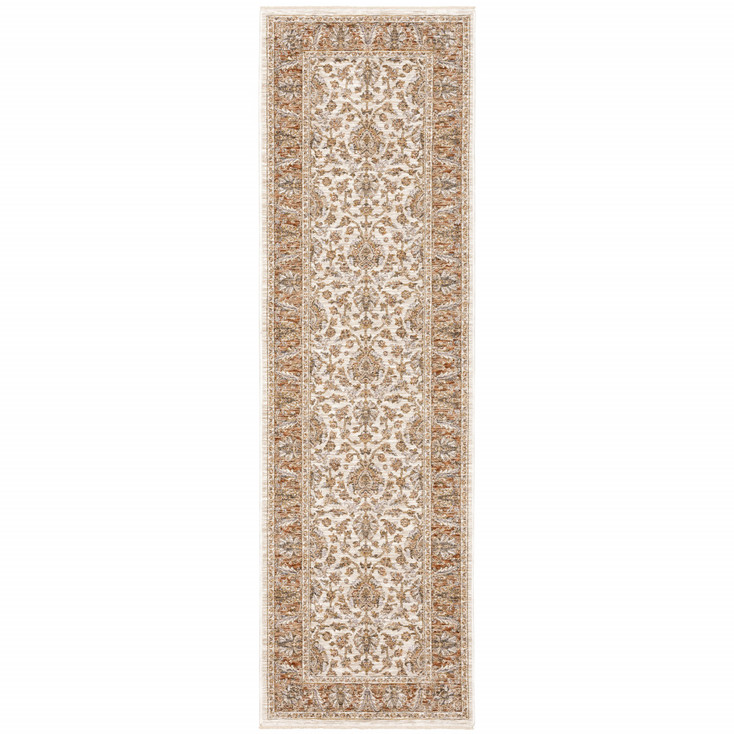 2' x 8' Rust and Ivory Oriental Power Loom Stain Resistant Runner Rug with Fringe