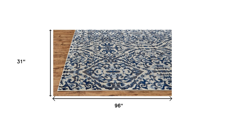 2' x 8' Blue Ivory and Black Floral Distressed Stain Resistant Runner Rug