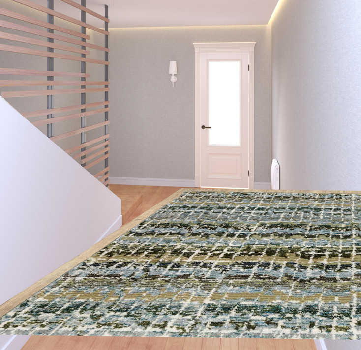 2' x 8' Blue Green Teal and Grey Abstract Power Loom Stain Resistant Runner Rug