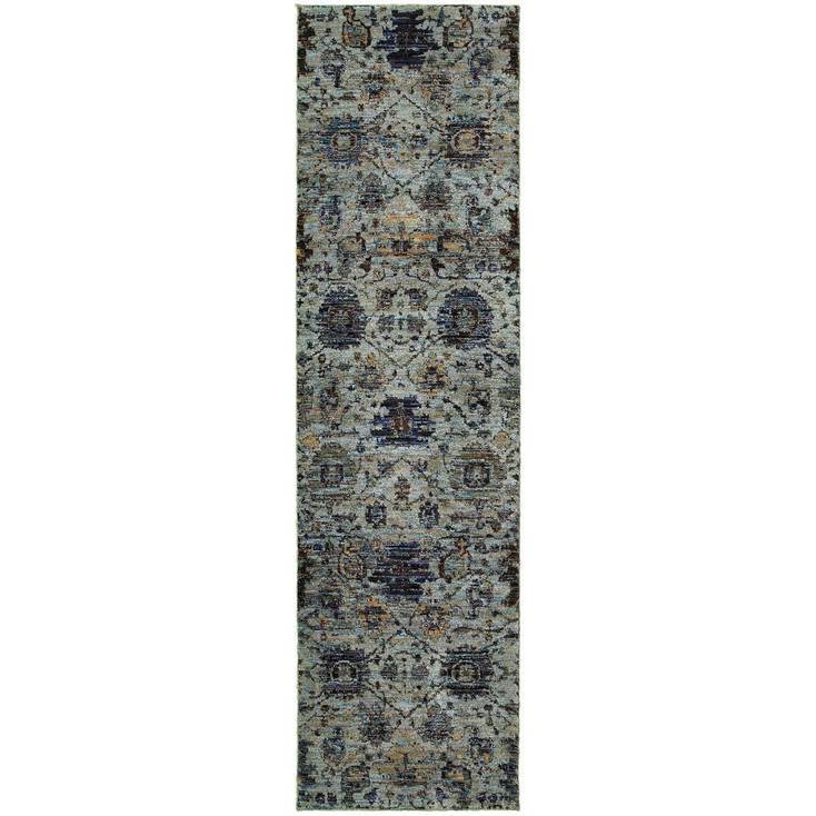 2' x 8' Blue and Navy Oriental Power Loom Stain Resistant Runner Rug