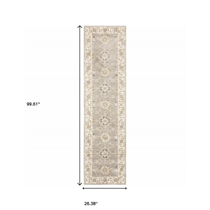 2' x 8' Grey Ivory Tan Brown and Gold Oriental Power Loom Stain Resistant Runner Rug