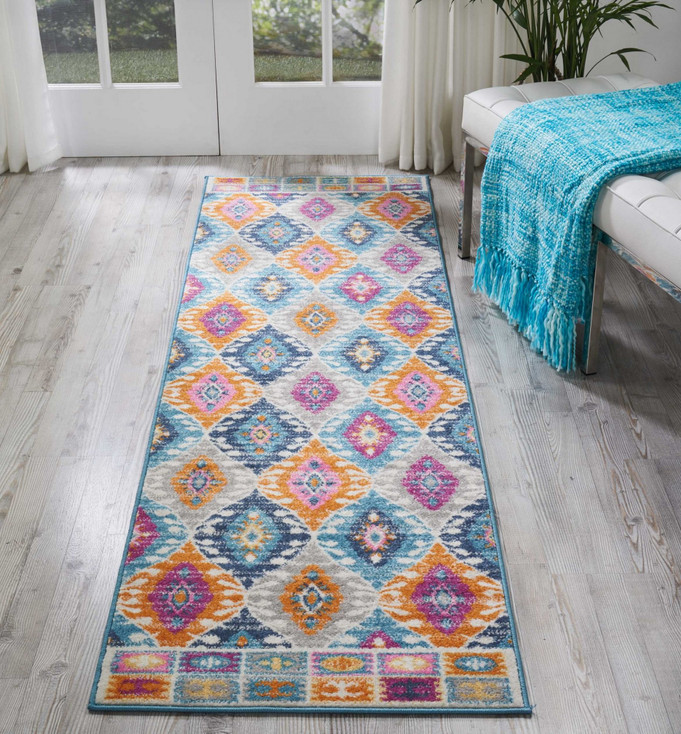 2' x 8' Blue and Pink Ogee Power Loom Runner Rug