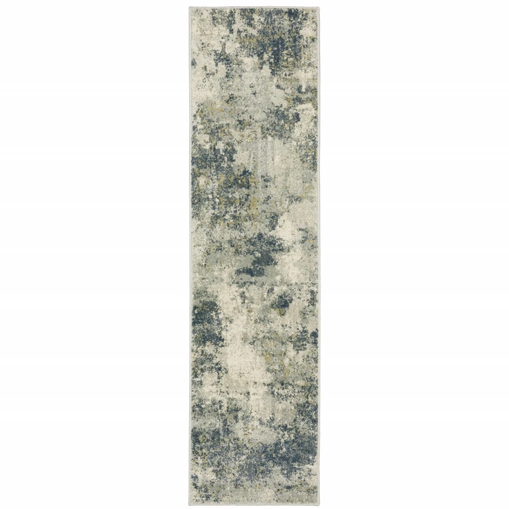 2' x 8' Beige Teal Grey and Gold Abstract Power Loom Stain Resistant Runner Rug