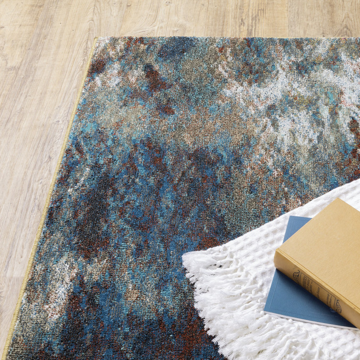 2' x 8' Blue Gold Teal Rust Grey and Beige Abstract Power Loom Runner Rug