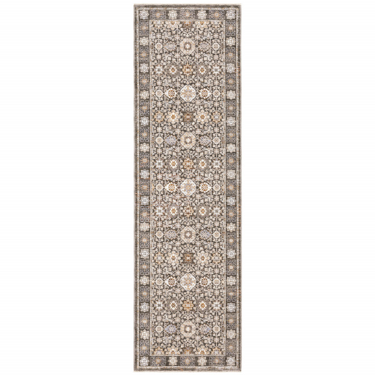 2' x 8' Grey and Ivory Oriental Power Loom Stain Resistant Runner Rug with Fringe