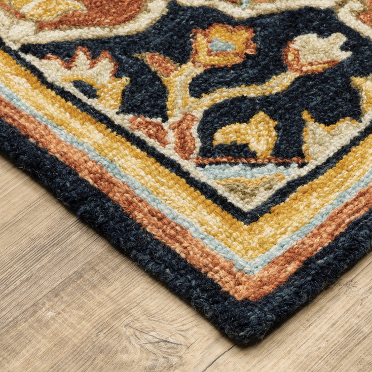 2' x 8' Navy Rust Blue Ivory and Gold Oriental Tufted Handmade Runner Rug