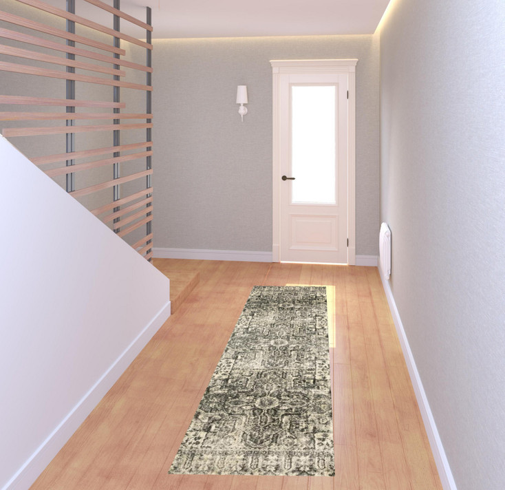 2' x 8' Grey Ivory and Brown Oriental Power Loom Stain Resistant Runner Rug